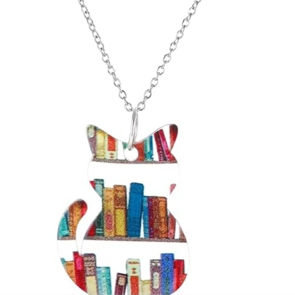 Women’s Jewelry multi-colored Cat Bookshelf Necklace and Dangle Earrings Set!